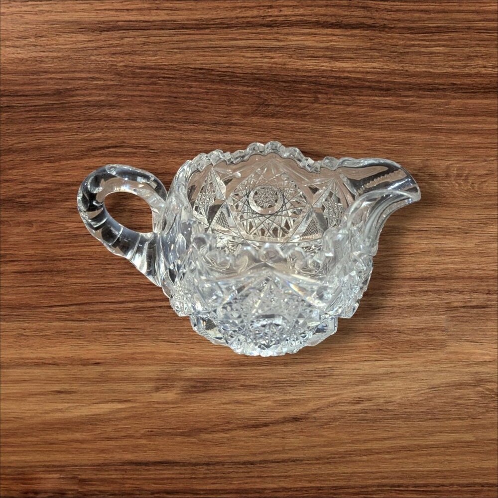 vintage Cut Glass Lead Crystal‎ Creamer Pitcher Intricate Star Pattern  Estate